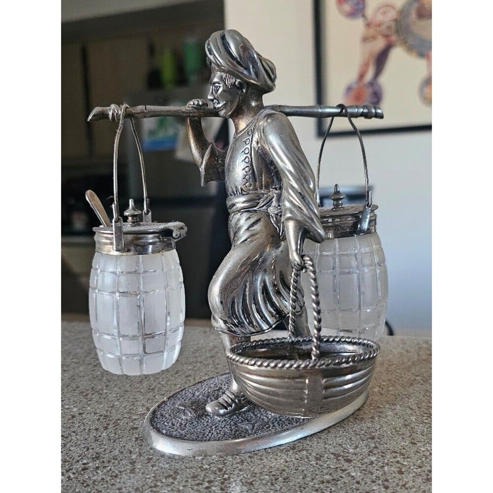 Vintage Bombay Company Silver Plate Man in Turban Salt & Pepper Shaker Caddy